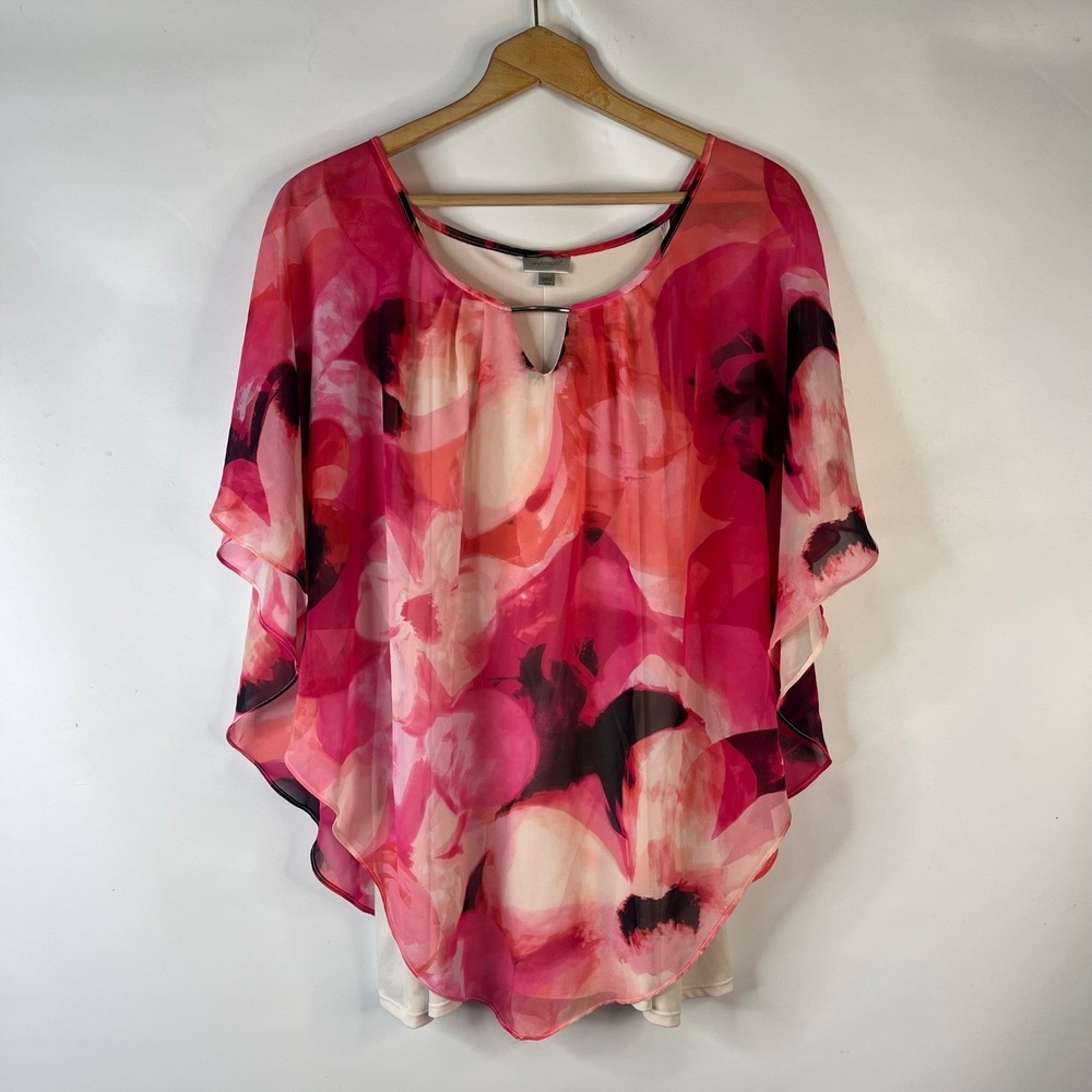 Avenue Blouse Women 18/20 Pink Floral Layered Poncho Keyhole Neck Top